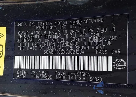 2016 Lexus Es 350 from USA, damaged, VIN 58ABK1GGXGU021294